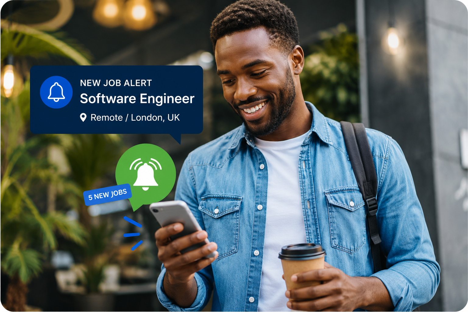 A job seeker smiling at a "5 new jobs" alert notification for a Software Engineer role on his phone