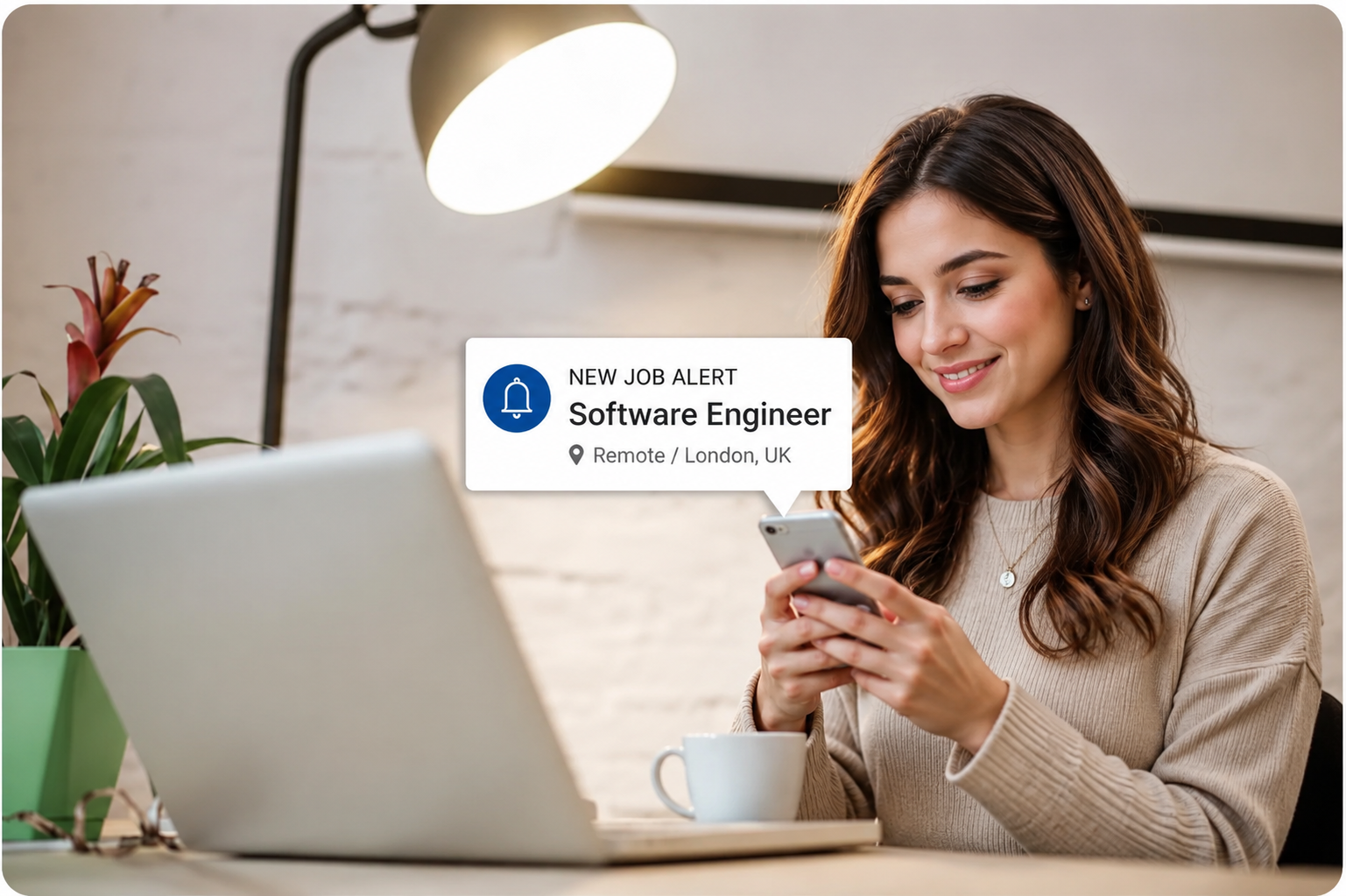 A job seeker smiling at a new job alert notification for a Software Engineer role on her phone