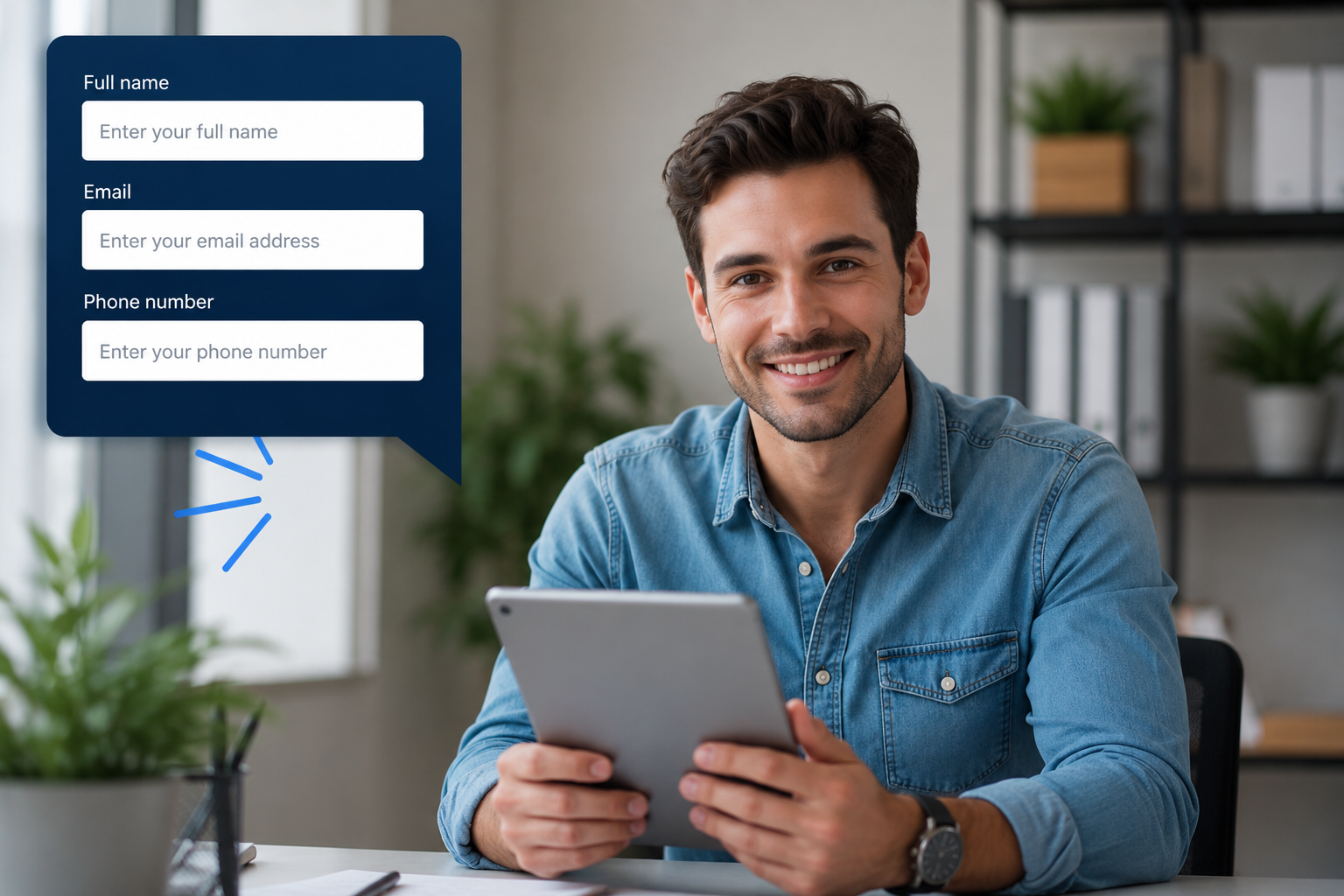 A job seeker filling in his name, email and phone number to register his CV on a tablet